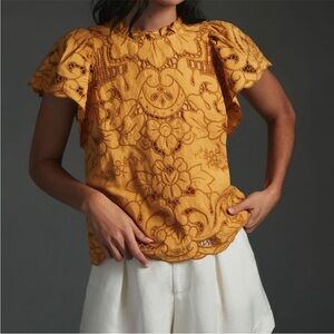 The Lainie High-Neck Ruffle-Collar Lace Cutout Blouse in small